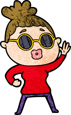 Bir insan tarafından çizilmiş güneş gözlüklü bir kadın.