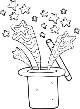 Bir insan tarafından çizilmiş siyah beyaz çizgi film sihirbazının silindir şapkası.