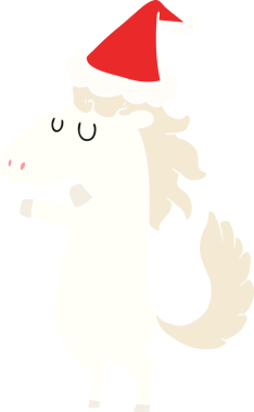 Bir insan tarafından çizilmiş Noel Baba şapkası giyen bir atın düz renkli çizimi.