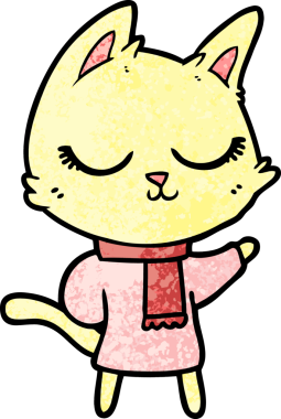 Bir insan tarafından çizilmiş eşarp takan sakin çizgi film kedisi.