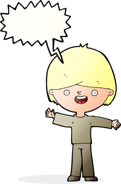 Bir insan tarafından çizilmiş konuşma balonu olan mutlu bir çocuk.