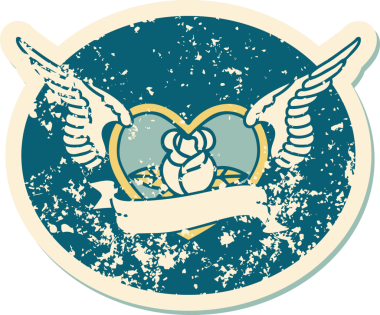 Bir insan tarafından çizilmiş çiçek ve pankartıyla uçan bir kalbin sembolik dövmeli resmi.