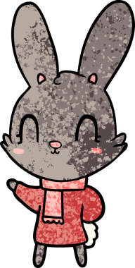 Bir insan tarafından çizilmiş giysili şirin bir tavşan.