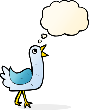 Bir insan tarafından çizilmiş düşünce baloncuklu çizgi film kuşu.