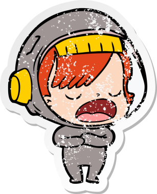 Bir astronot kadının insan tarafından çizildiğini açıklayan bir karikatür çıkartması.