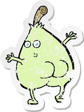 Bir insan tarafından çizilmiş güzel bir armut karikatürünün gerilemiş retro yapıştırması.