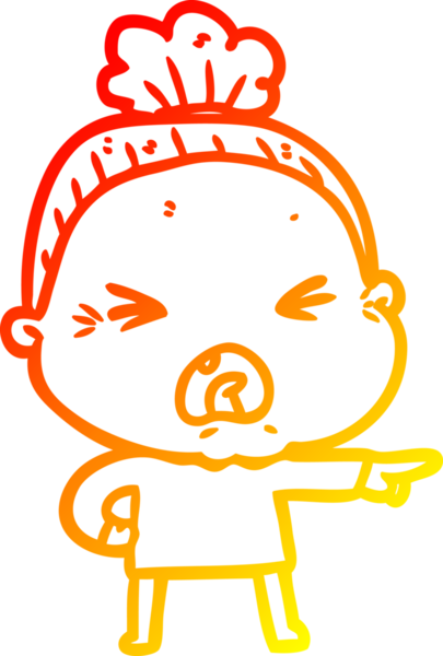 Bir insan tarafından çizilmiş kızgın yaşlı bir kadının sıcak çizgi çizimi.