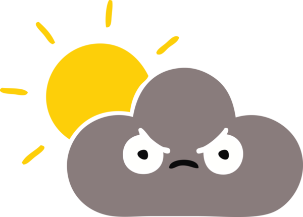 Bir fırtına bulutu ve bir insan tarafından çizilen güneşin düz renkli retro karikatürü