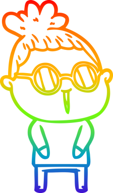 Bir insan tarafından çizilmiş gözlük takan bir karikatür kadının çizimi.