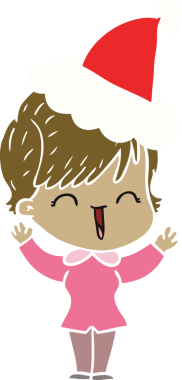 Bir insan tarafından çizilmiş Noel Baba şapkası giymiş, gülen bir kadının düz renkli çizimi.