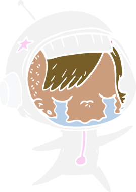 Düz renkli çizgi film ağlayan astronot kız bir insan tarafından çizilmiş.