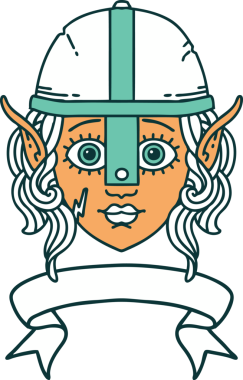 Retro Dövme Tarzı Elf Savaşçı karakteri yüzü Bir insan tarafından çizilmiş pankartıyla