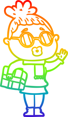 Bir insan tarafından çizilmiş güneş gözlüğü takan çizgi film kadını çizimi.