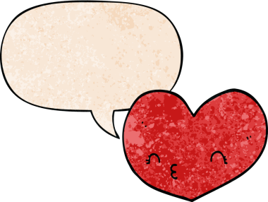 bir insan tarafından çizilmiş eski dokuda yüz ve konuşma baloncuğu olan karikatür kalp