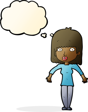 Bir insan tarafından çizilmiş düşünce baloncuğuyla omuz silken çizgi film kadını.