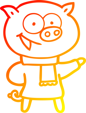 Bir insan tarafından çizilmiş kışlık kıyafet giymiş neşeli bir domuzun sıcak çizgi çizimi.