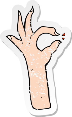 Bir insan tarafından çizilmiş en mükemmel el hareketi olan karikatürün gerilimli retro etiketi.