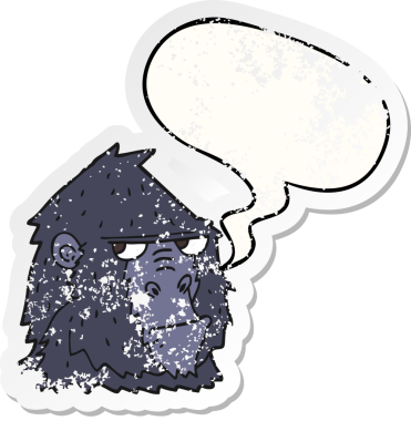 karikatür kızgın goril yüzü konuşma baloncuğu ile sıkıntılı eski bir çıkartma bir insan tarafından çizilmiş