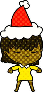 Bir insan tarafından çizilmiş Noel Baba şapkası giyen bir kadının el çizimi çizgi roman tarzı çizimi.