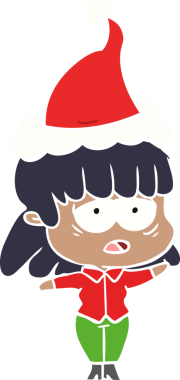 Bir insan tarafından çizilmiş Noel Baba şapkası giyen yorgun bir kadının el çizimi düz bir çizim.