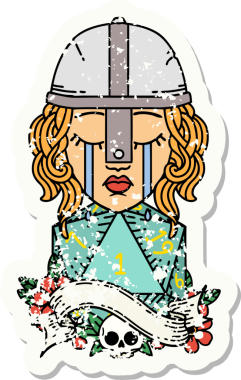 Ağlayan bir insan dövüşçüsünün grunge çıkartması. Bir insan tarafından çizilmiş doğal bir D20 zarlı.