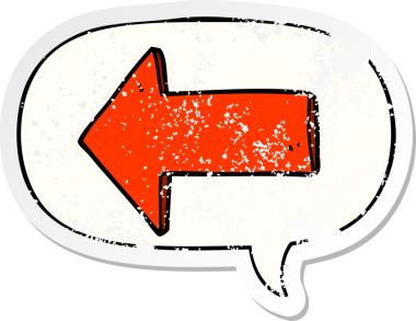 Konuşma baloncuğu olan çizgi film oku bir insan tarafından çizilmiş sıkıntılı eski bir çıkartma