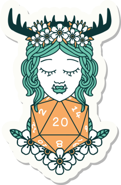 Bir insan tarafından çizilmiş 20 zarlı yarı ork Druid çıkartması.