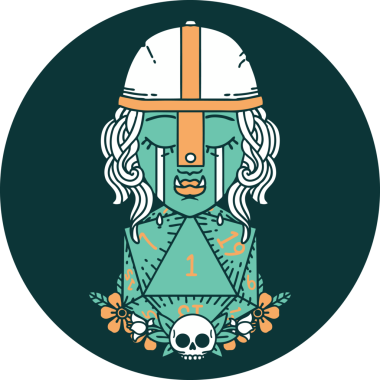 Ağlayan Ork savaşçı karakteri ikonu. Bir insan tarafından çizilmiş doğal bir D20 rulosu.