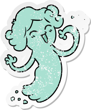 Bir insan tarafından çizilmiş mutlu pembe bir hayaletin çizilmiş, kederli bir çıkartma karikatürü.