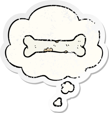 İnsan tarafından çizilmiş yıpranmış bir çıkartma gibi düşünce baloncuklu çizgi film kemiği.