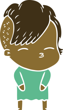 Düz renkli çizgi film çizen kız bir insan tarafından çizilmiş.