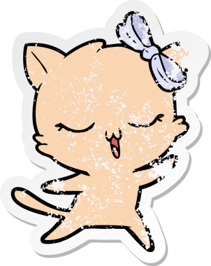 Bir insan tarafından çizilmiş kafasında fiyonk olan dans eden bir kedinin sıkıntılı çıkartması.