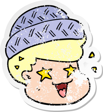 Bir insan tarafından çizilmiş şapka giyen bir çizgi film çocuğunun sıkıntılı çıkartması.