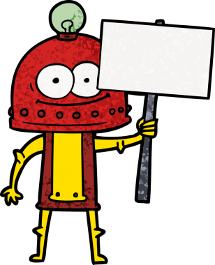 Bir insan tarafından çizilmiş ampullü mutlu karton robot.