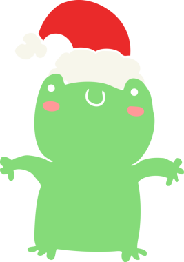 Sevimli düz renkli karikatür kurbağası Noel şapkası giyen bir insan tarafından çizilmiş.