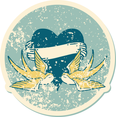 Kederli sembolik dövme stili kırlangıçlar ve bir insan tarafından çizilmiş sancaklı kalp.