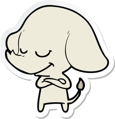 Bir insan tarafından çizilmiş kollarını kavuşturmuş gülümseyen bir filin çıkartması.