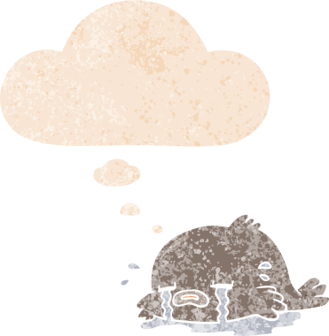 Düşünce baloncuğu içinde ağlayan karikatür bir insan tarafından çizilmiş dertli retro stili.