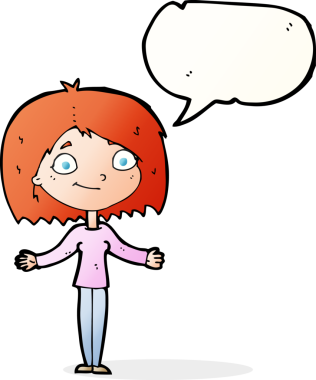 Bir insan tarafından çizilmiş konuşma baloncuğuyla omuz silken çizgi film kadını.