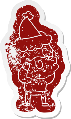 Bir insan tarafından çizilmiş Noel Baba şapkası takan sakallı bir adam.