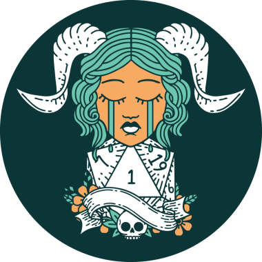 Ağlama ikonu, bir insan tarafından çizilmiş doğal bir D20 zar ile bağlanıyor.