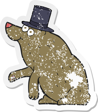 Bir insan tarafından çizilmiş silindir şapkalı çizgi film ayısının gerilimli çıkartması.