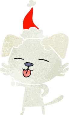 Bir insan tarafından çizilmiş Noel Baba şapkası takan bir köpeğin el çizimi karikatürü.