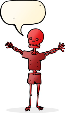 Bir insan tarafından çizilmiş konuşma baloncuklu kıyafet içinde bir iskelet.