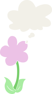 Bir insan tarafından çizilmiş düşünce baloncuğu olan sevimli bir karikatür çiçeği.