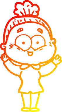 Bir insan tarafından çizilmiş mutlu, yaşlı bir kadının sıcak çizgi çizimi.