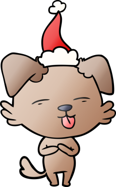 Bir insan tarafından çizilmiş Noel Baba şapkası giymiş bir köpeğin el çizimi karikatürü.