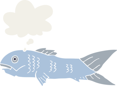 Düşünce baloncuklu çizgi film balığı insan tarafından çizilmiş.