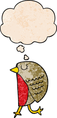 Bir insan tarafından çizilmiş grunge desenli düşünce baloncuklu çizgi film kuşu.