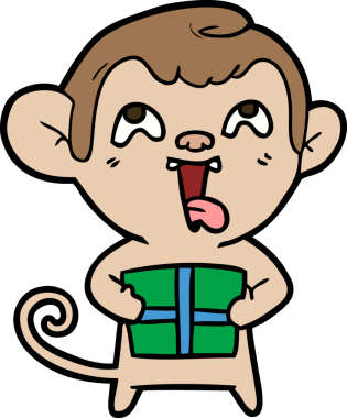 Bir insan tarafından çizilmiş Noel hediyesi olan çılgın çizgi film maymunu.